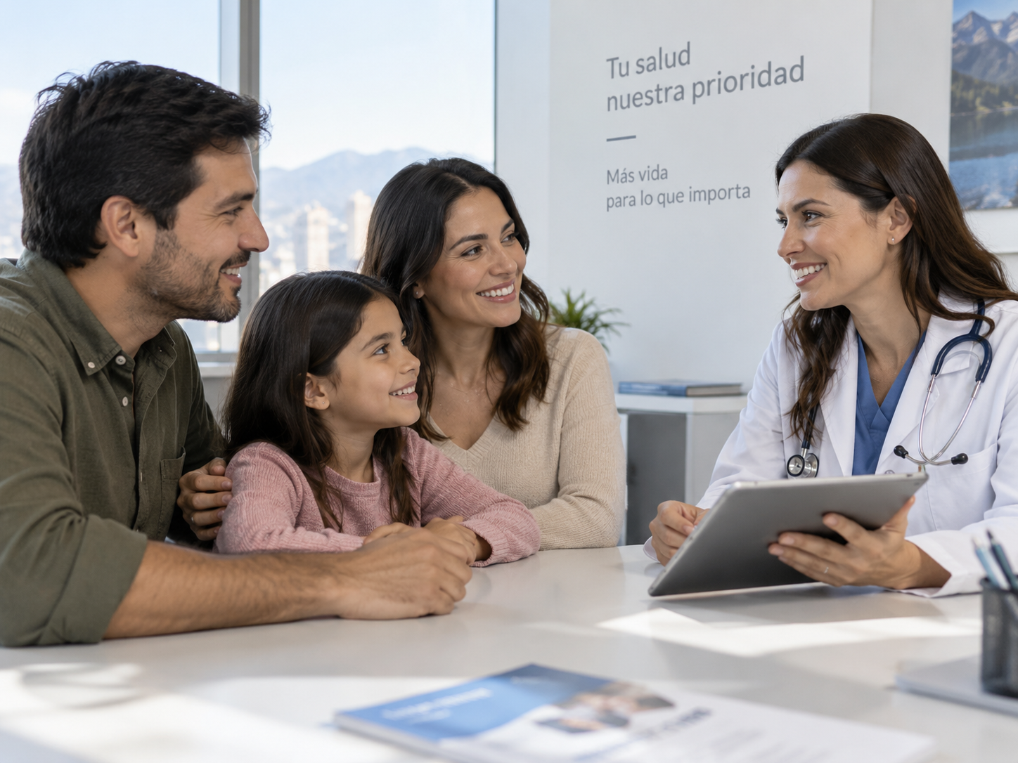 Familia recibiendo orientación de salud en una consulta