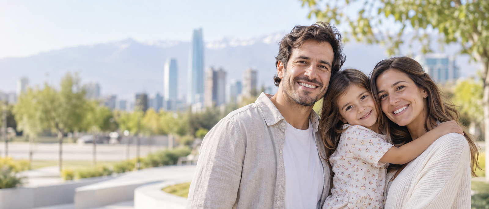 Familia sonriendo al aire libre en un entorno urbano con montañas al fondo